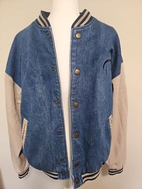 Vintage 90s Hilton Denim Varsity Jacket Colorblock Bomber Plaid Lined - Sz Large